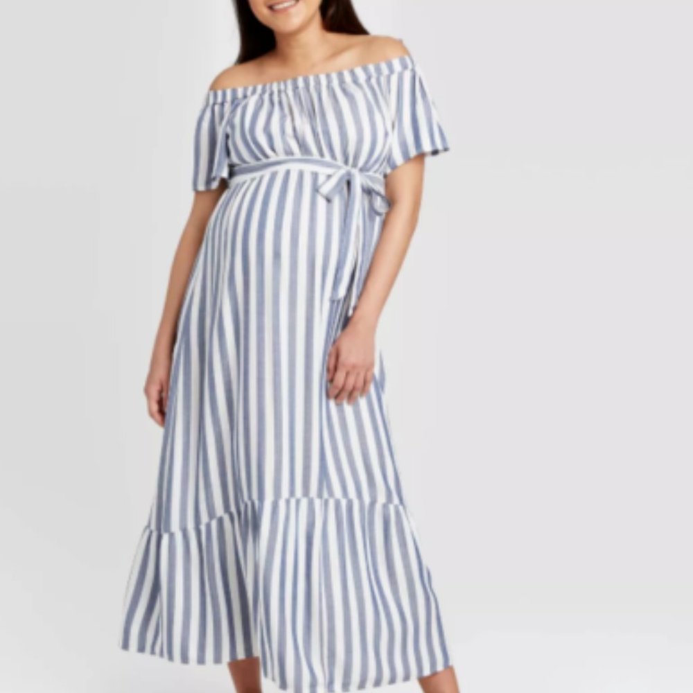 Isabel Maternity White Blue Stripe Off the Shoulder Maternity Maxi Dress Size XS